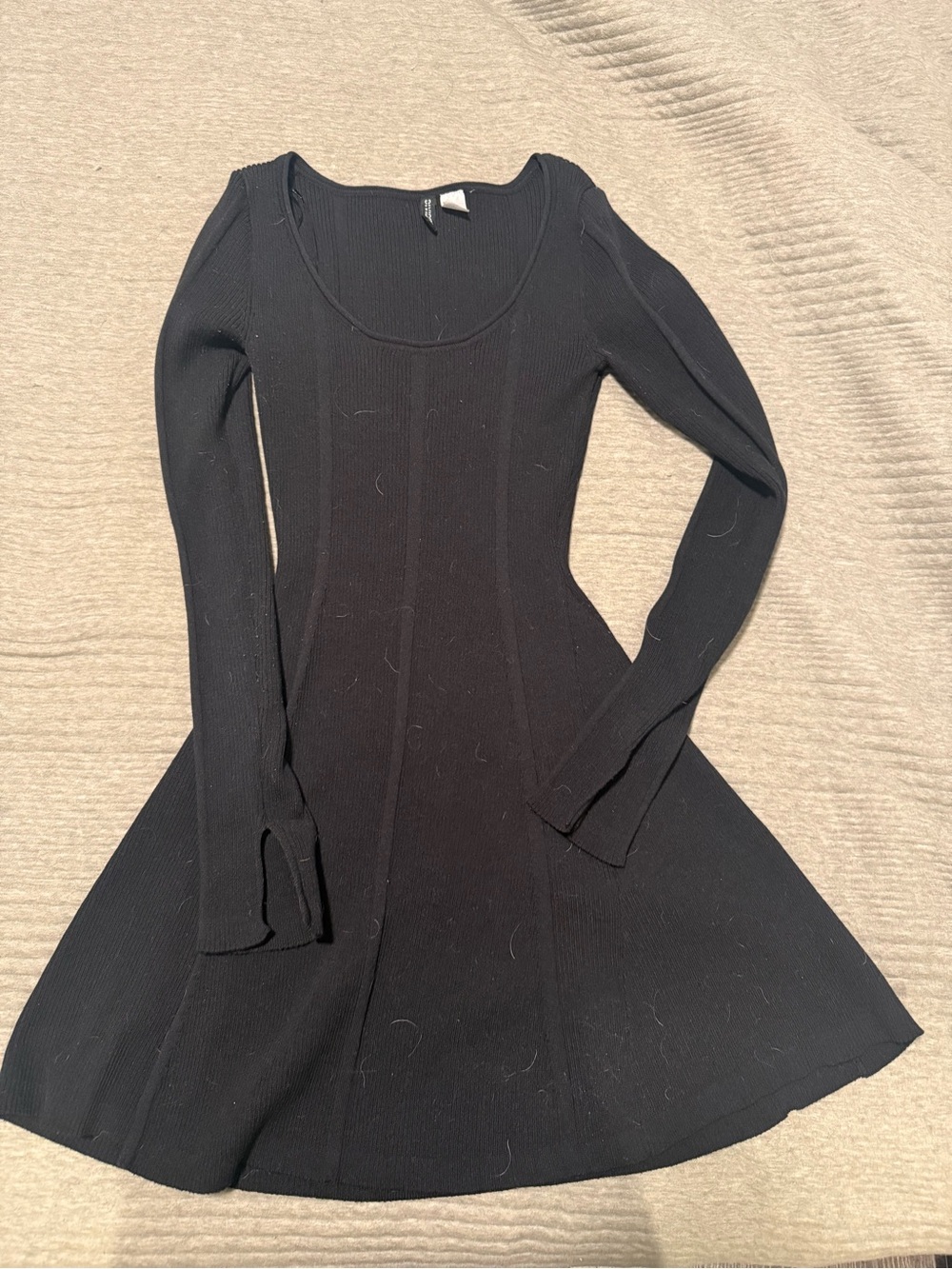 H&M Black Long-Sleeve Ribbed Fit-and-Flare Dress